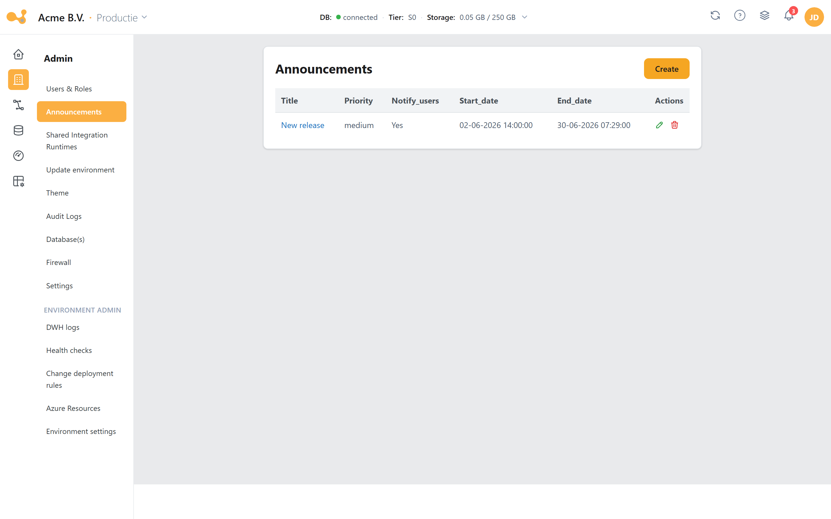 Announcements: list with title, priority and period, plus a Create form with a Markdown body.