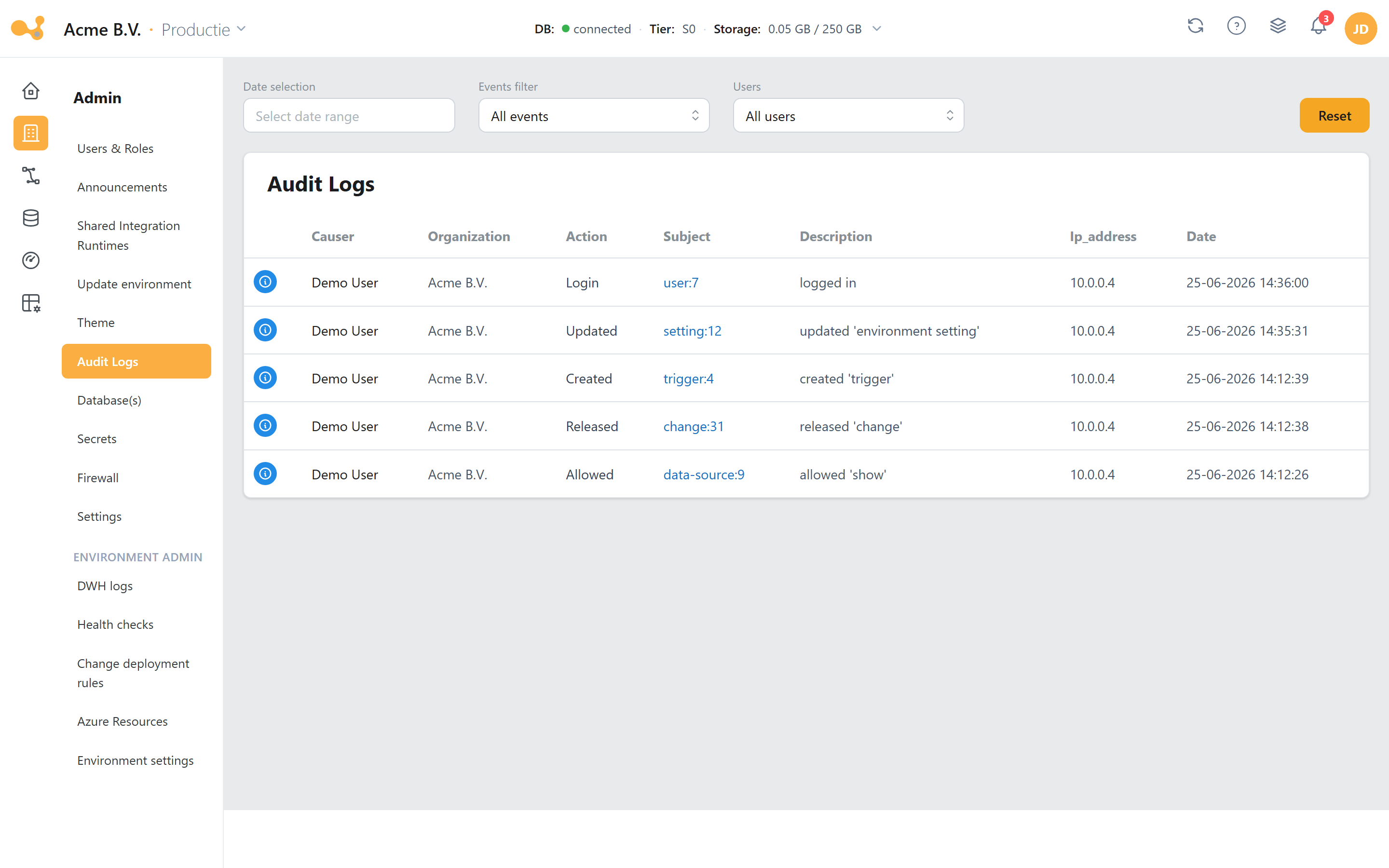 Audit Logs: filters (Date, Events, Users) above a table (Causer, Organization, Action, Subject, Description, IP, created).