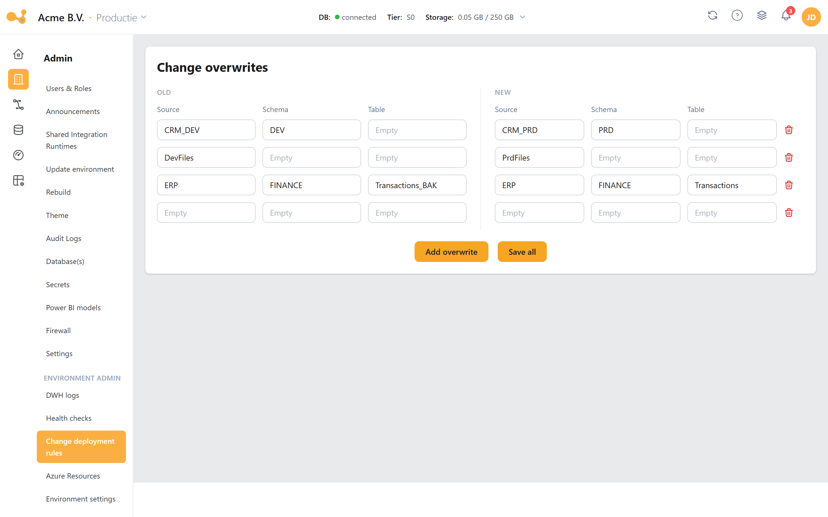 Change deployment rules: map object names between environments (OLD → NEW: source/schema/table), e.g. CRM_DEV → CRM_PRD.
