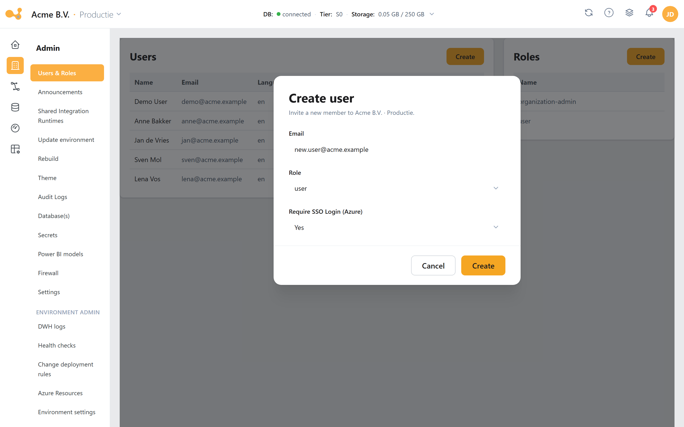Create user: email address, role and whether Microsoft Azure SSO is required.