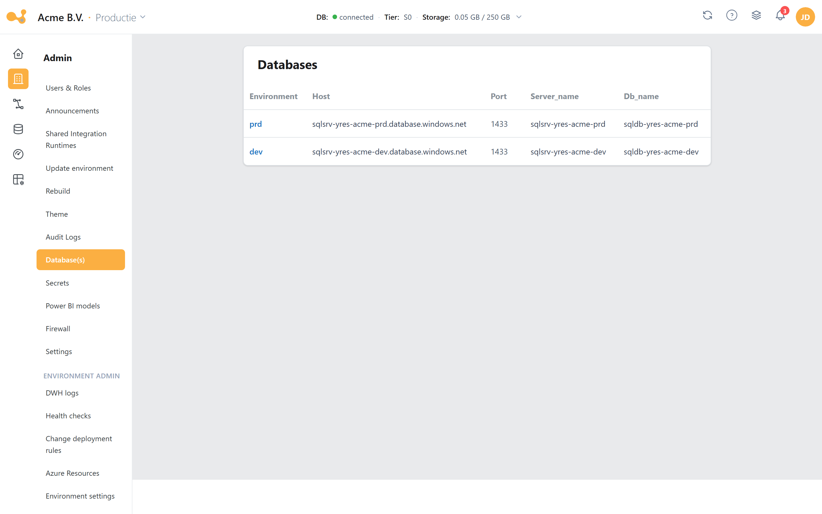 Database(s): the Azure SQL databases per environment with host, port, server and database name.