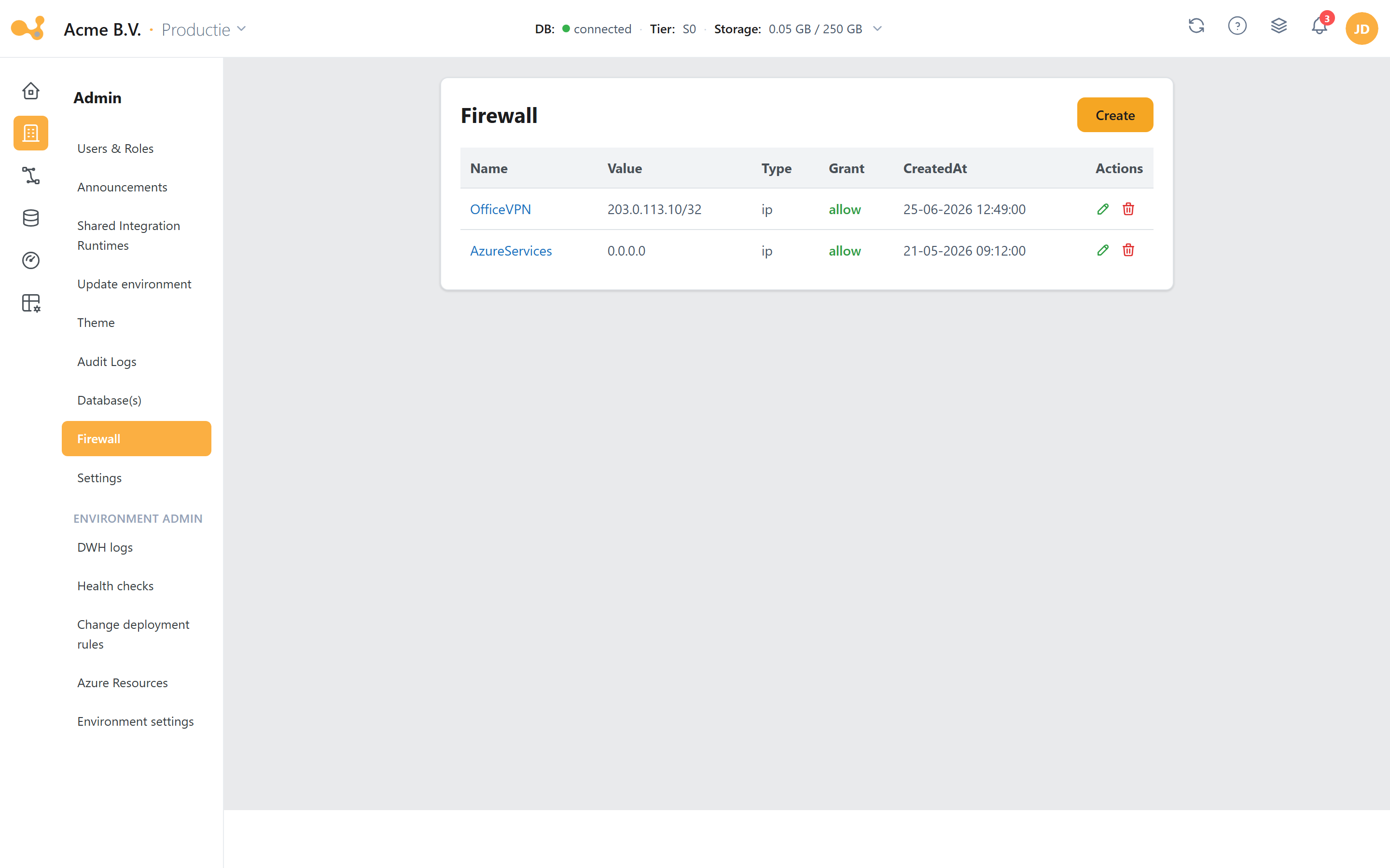 Firewall: table with IP rules (label, IP/CIDR, Allow or Deny) and a Create form.