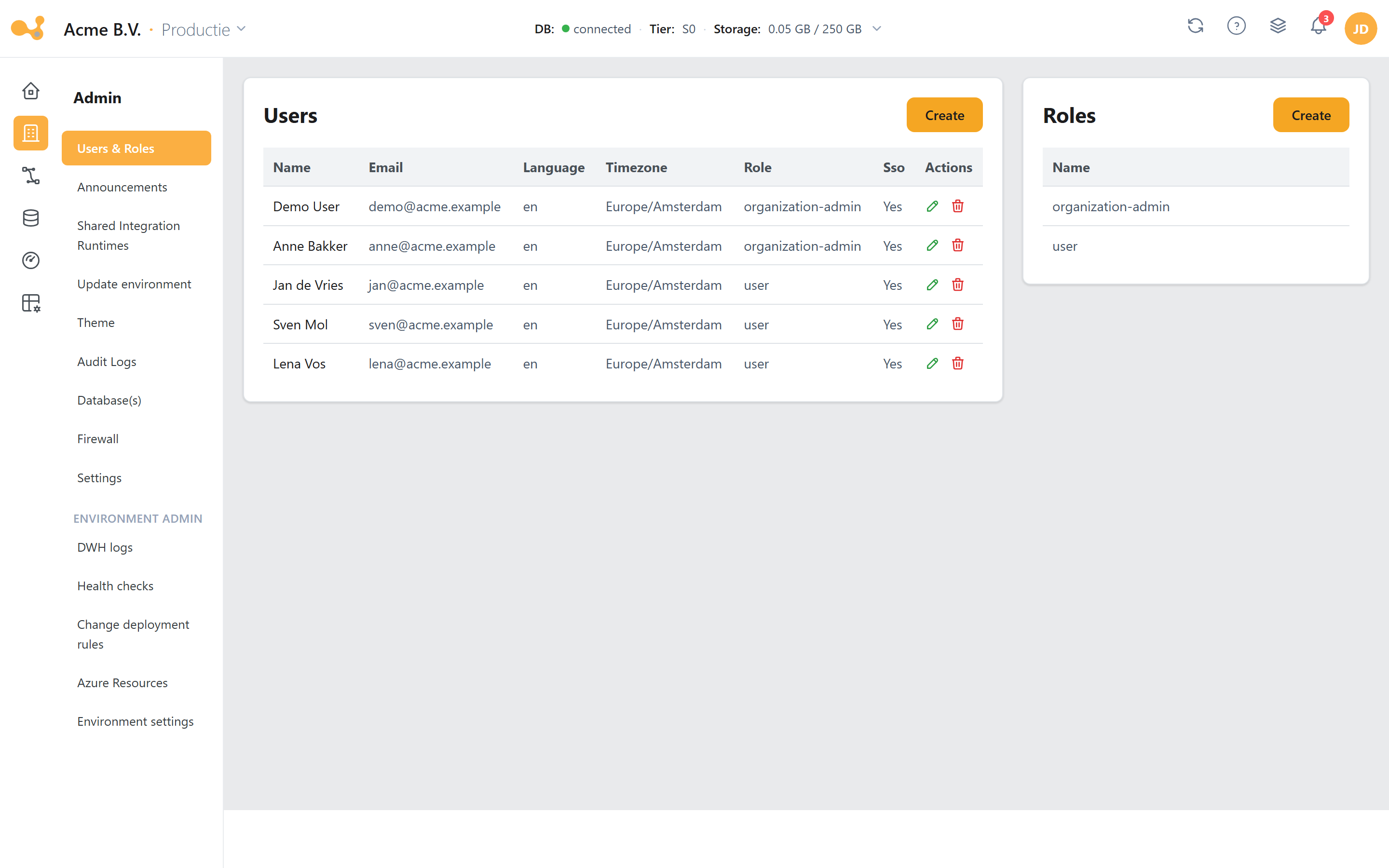 Admin panel with a Users table (name, email, role, SSO) on the left and a Roles table on the right.