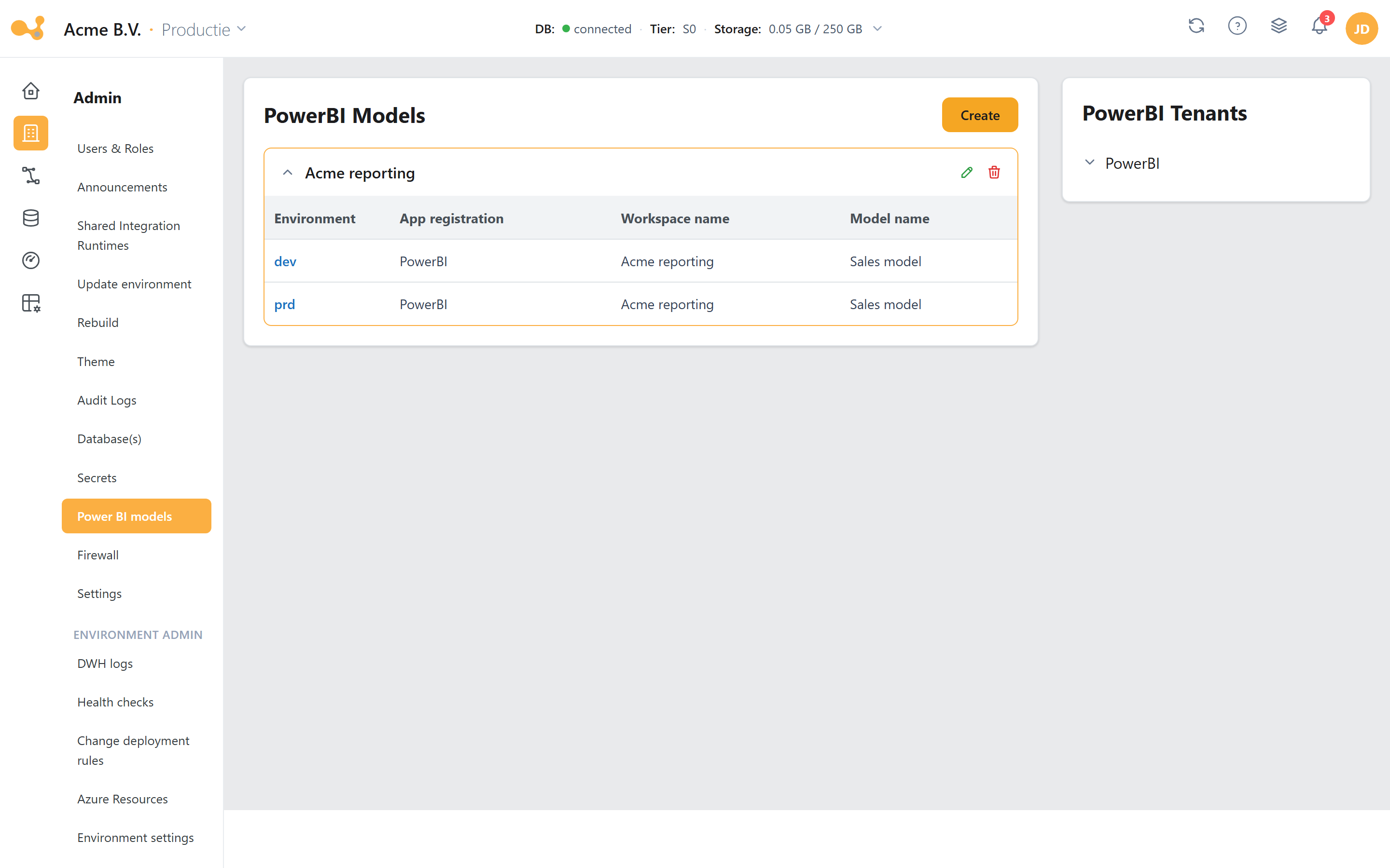 Power BI models: link Power BI workspaces and models per environment via an app registration for the embedded BI dashboard.
