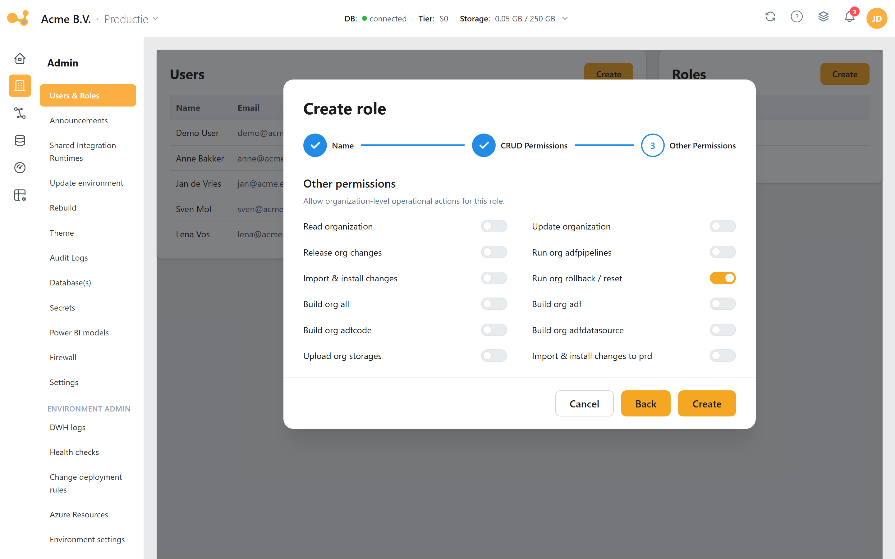 Create role wizard step 3: other permissions with Allow toggles.