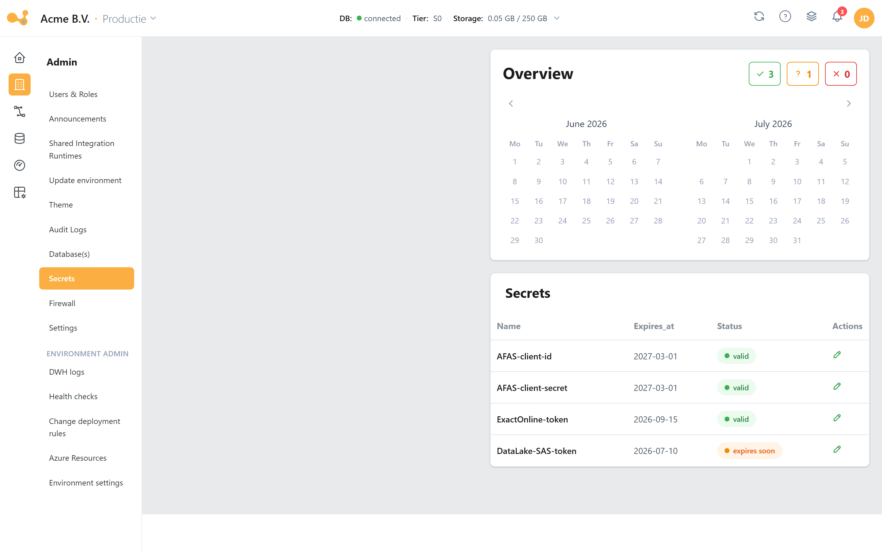 Secrets: an expiry calendar above a table of secrets (Name, Expires_at, Status valid/expires-soon).