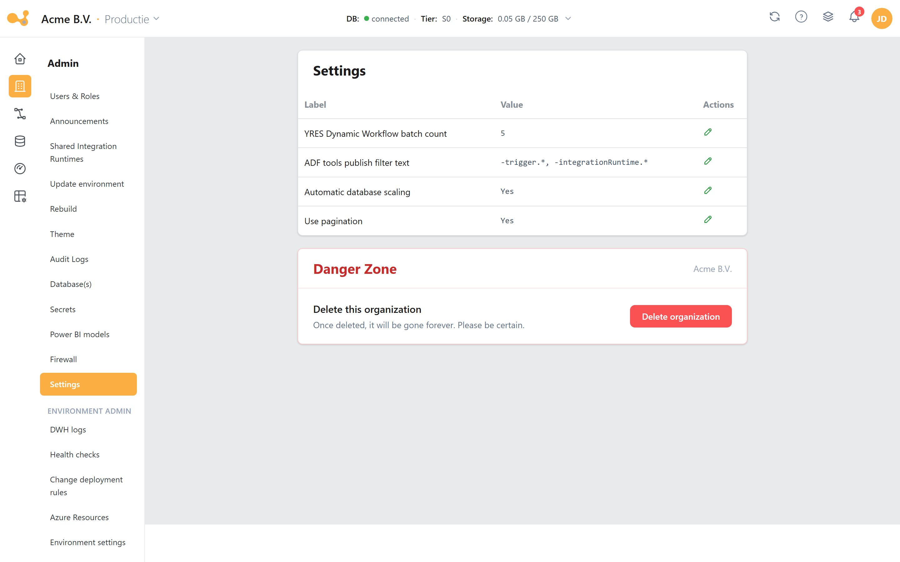Settings: tunable values (Label/Value) such as the Dynamic Workflow batch count and the ADF publish filter, plus a Danger Zone.