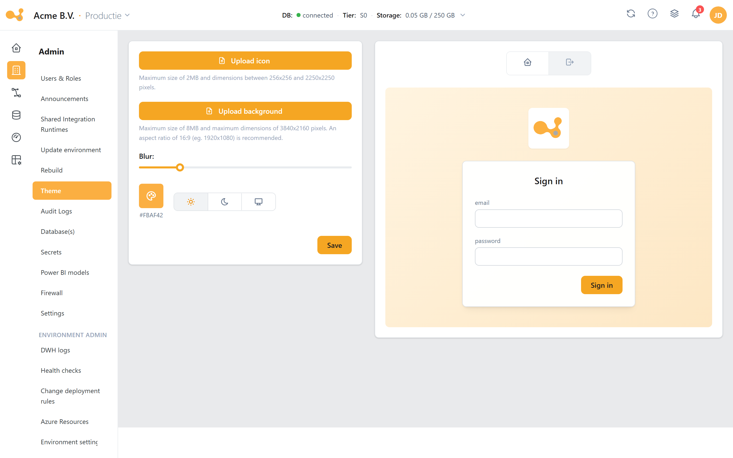 Theme: upload a custom icon and login background, choose a brand color, blur and light/dark/system mode, with a live login preview.