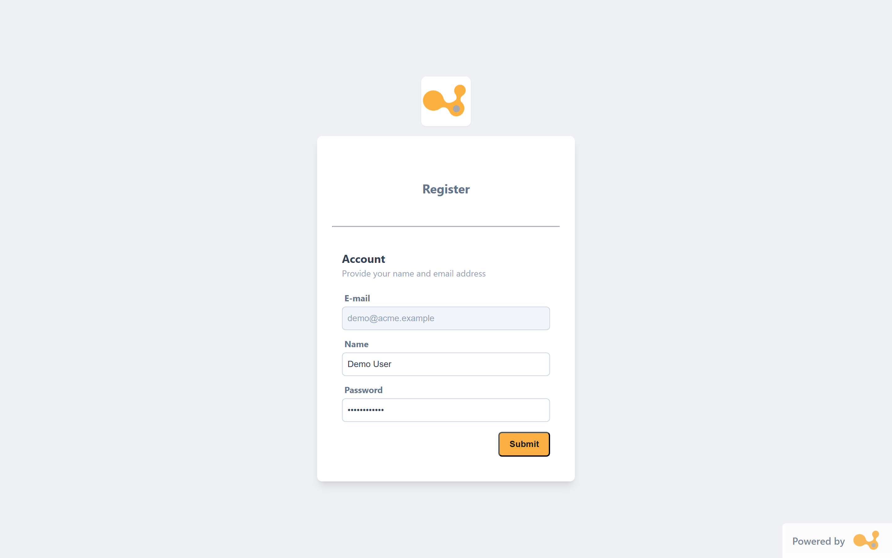 Registration screen via invitation with a single "Account" step