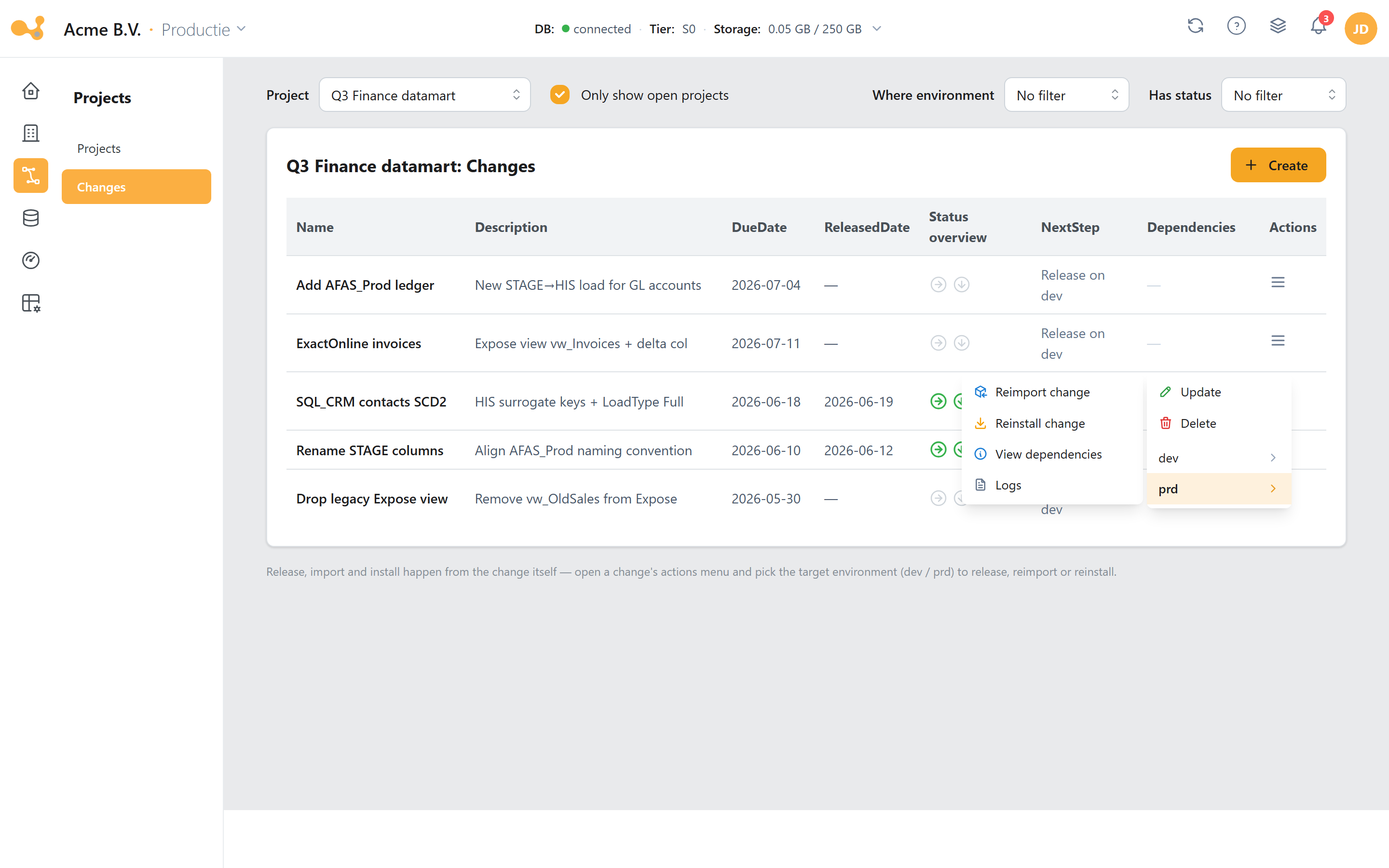 The opened Actions menu (☰) of a change on the Changes screen, with per-environment submenus (dev ▸, prd ▸): on dev an open change offering release change; on a target environment a released change offering Reimport change and Reinstall change, plus Update, Delete, View dependencies and Logs.