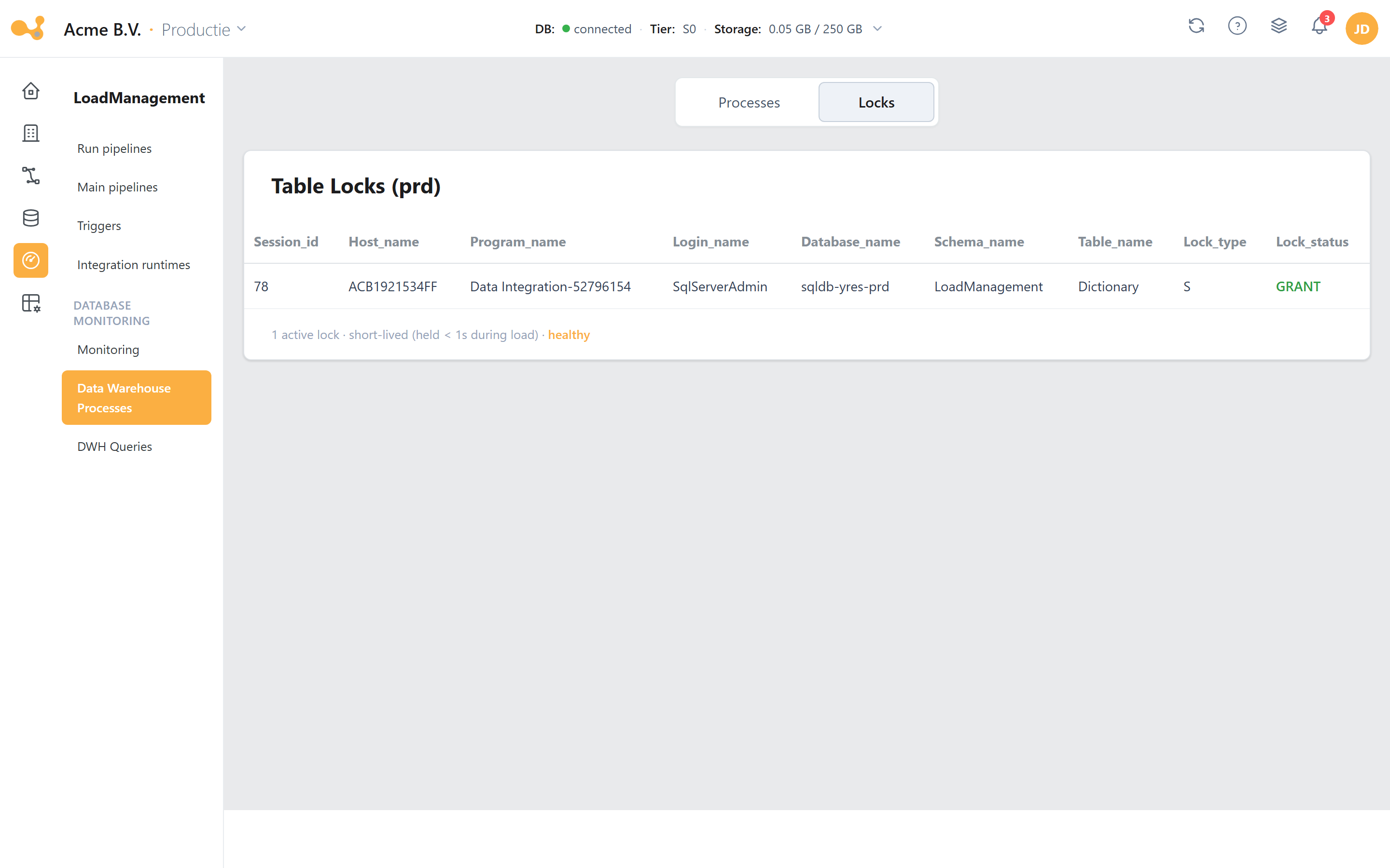 DWH processes: the Processes/Locks view with active table locks (session, host, login, database, schema, table, lock type).
