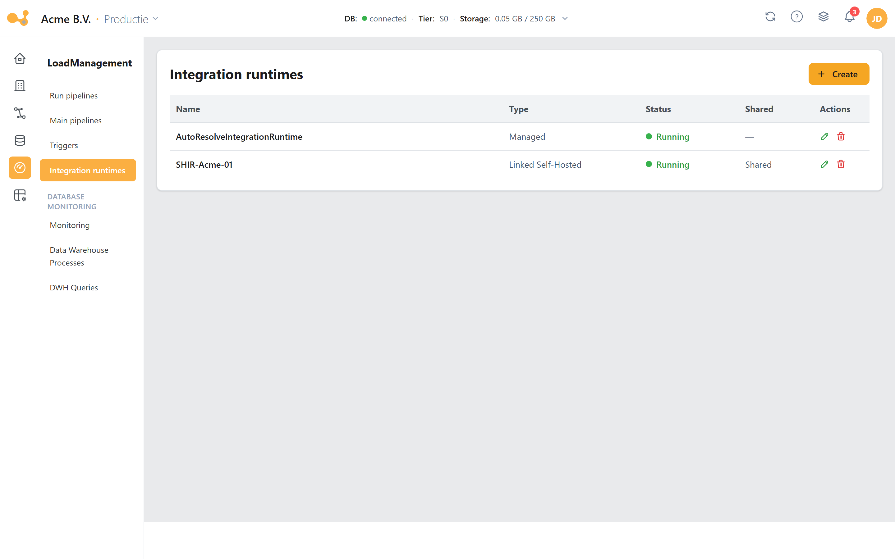 Integration runtimes: the list of integration runtimes with their type and running status, plus a Create button.