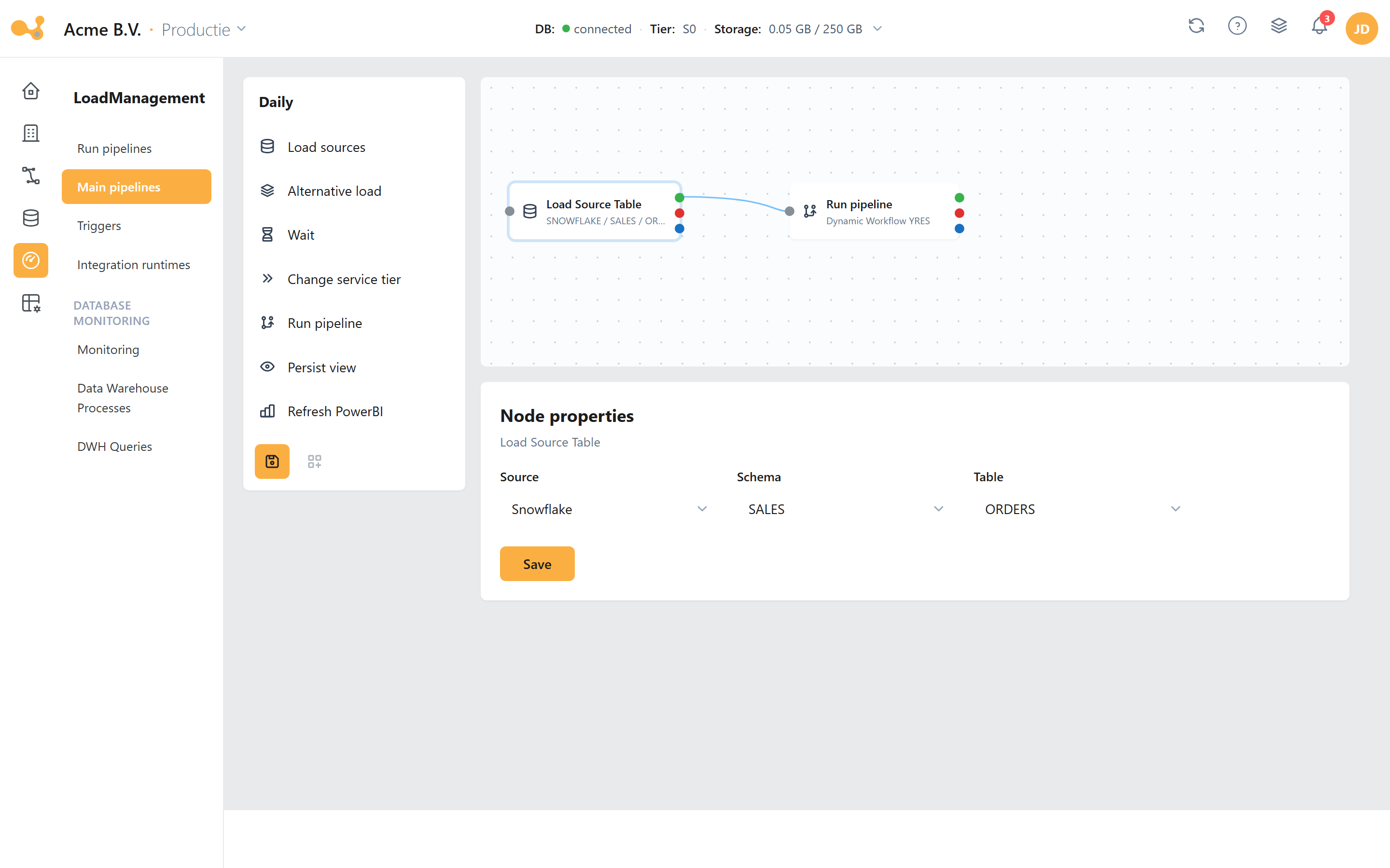 Master pipeline builder: the node palette, a selected Load Source Table node and the node properties panel.