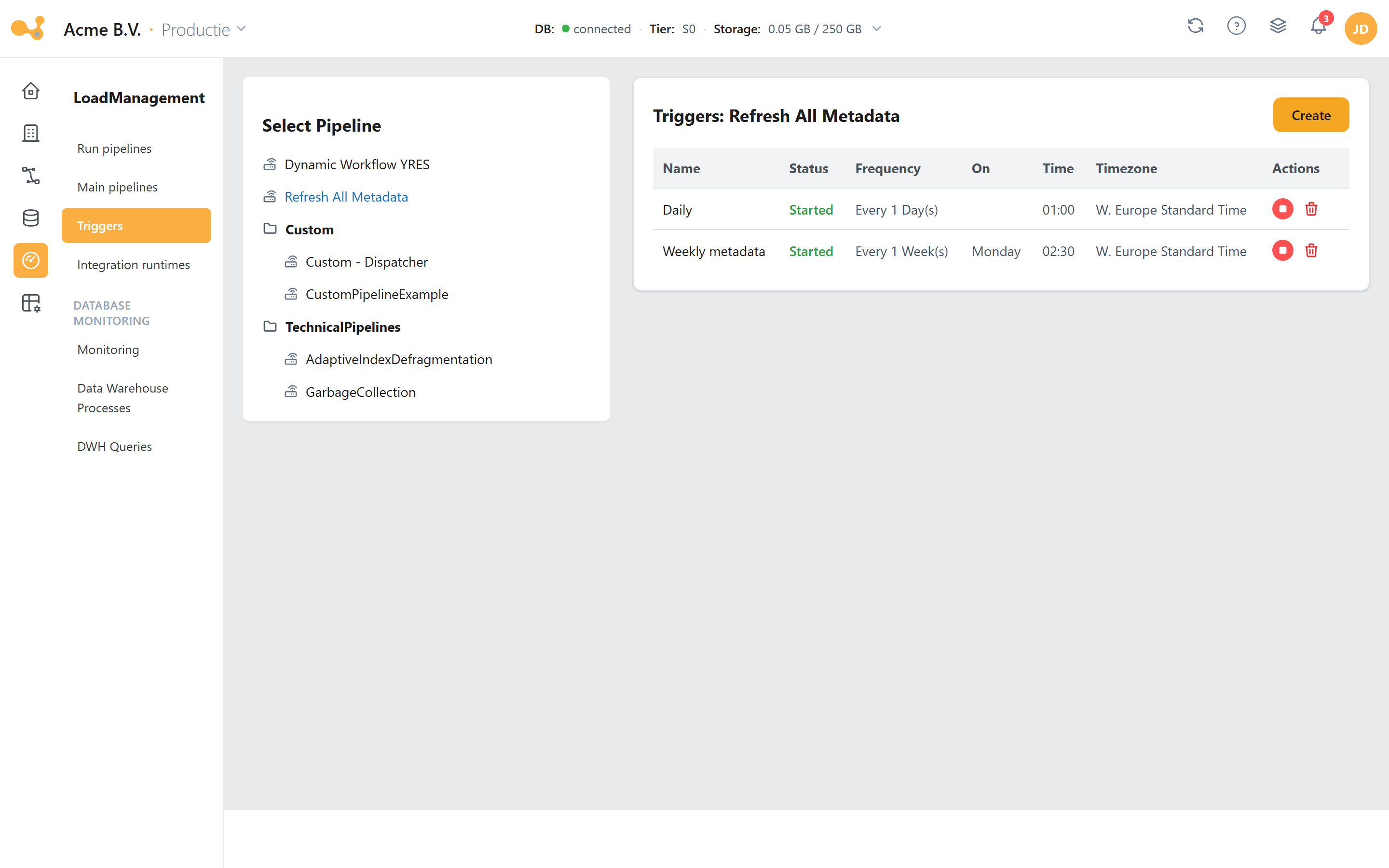 Triggers: the pipeline list on the left, the triggers table and the create form on the right.
