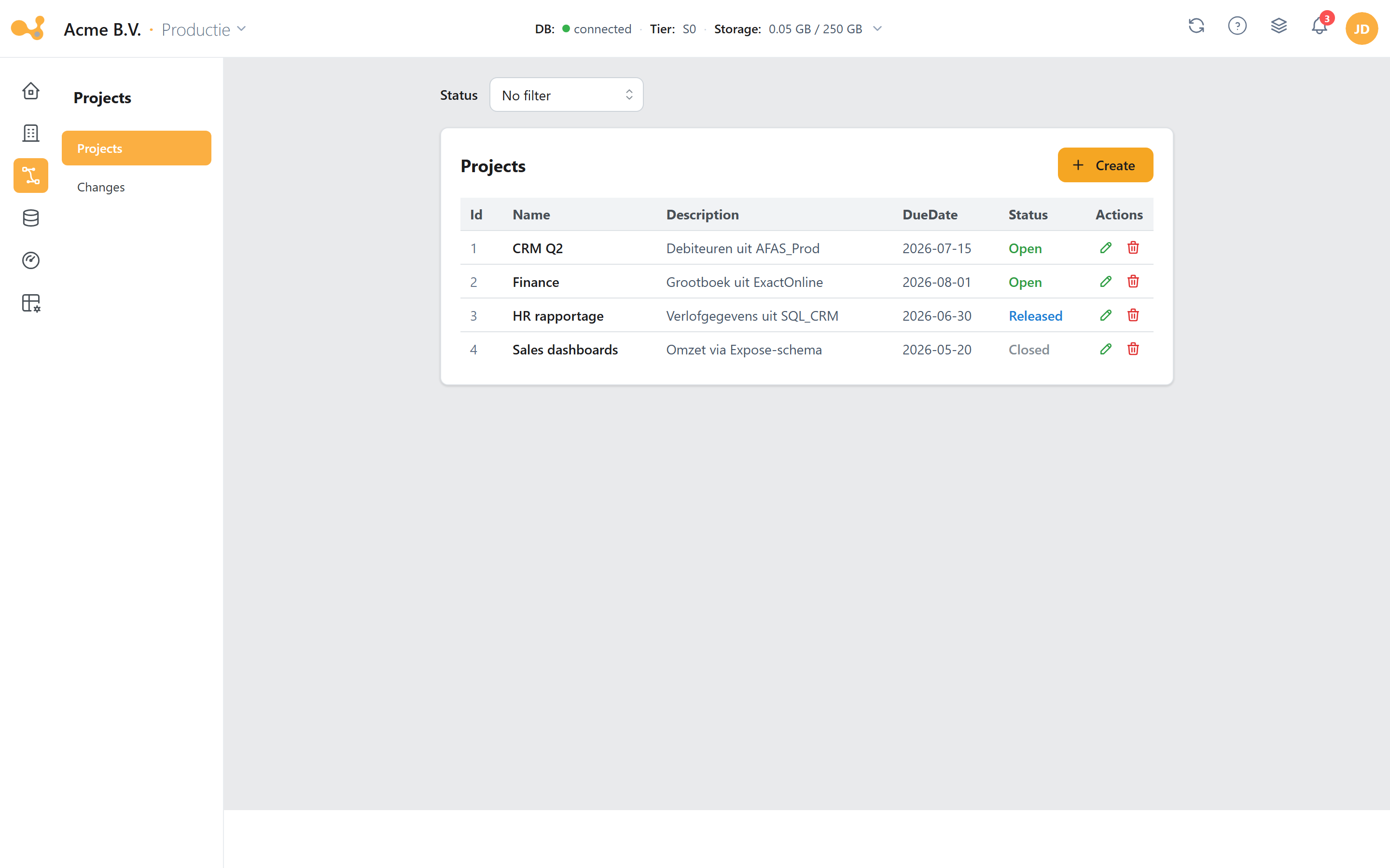 The Projects screen: a table of projects with their status, the button to create a project, and the warning that the section is only available with multiple environments.