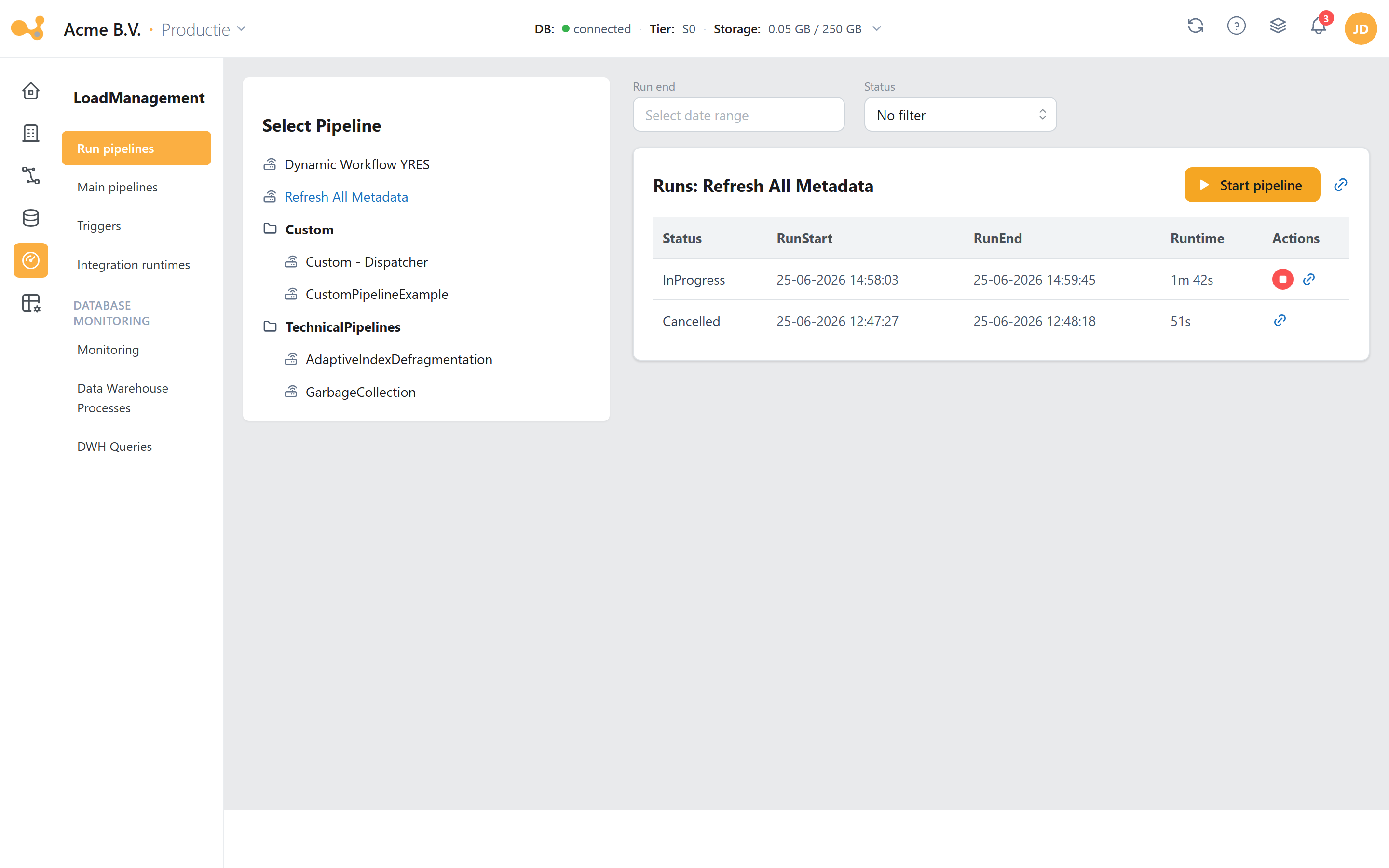 Run pipelines: the pipeline list on the left, the runs with filters and the start button on the right.