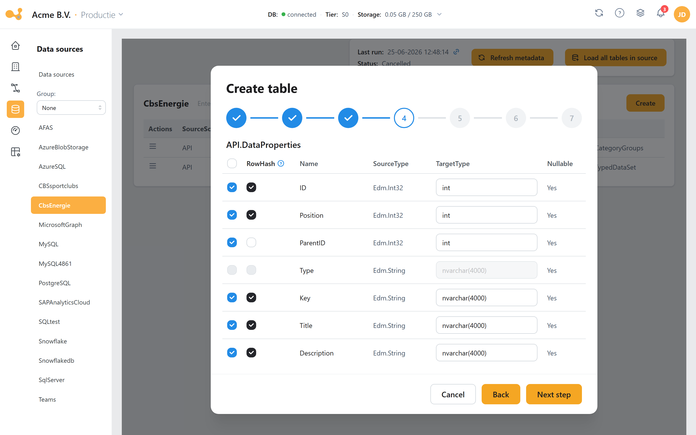 The Add table wizard in Yres, opened on the Columns step, with a step bar and a column table with RowHash checkboxes