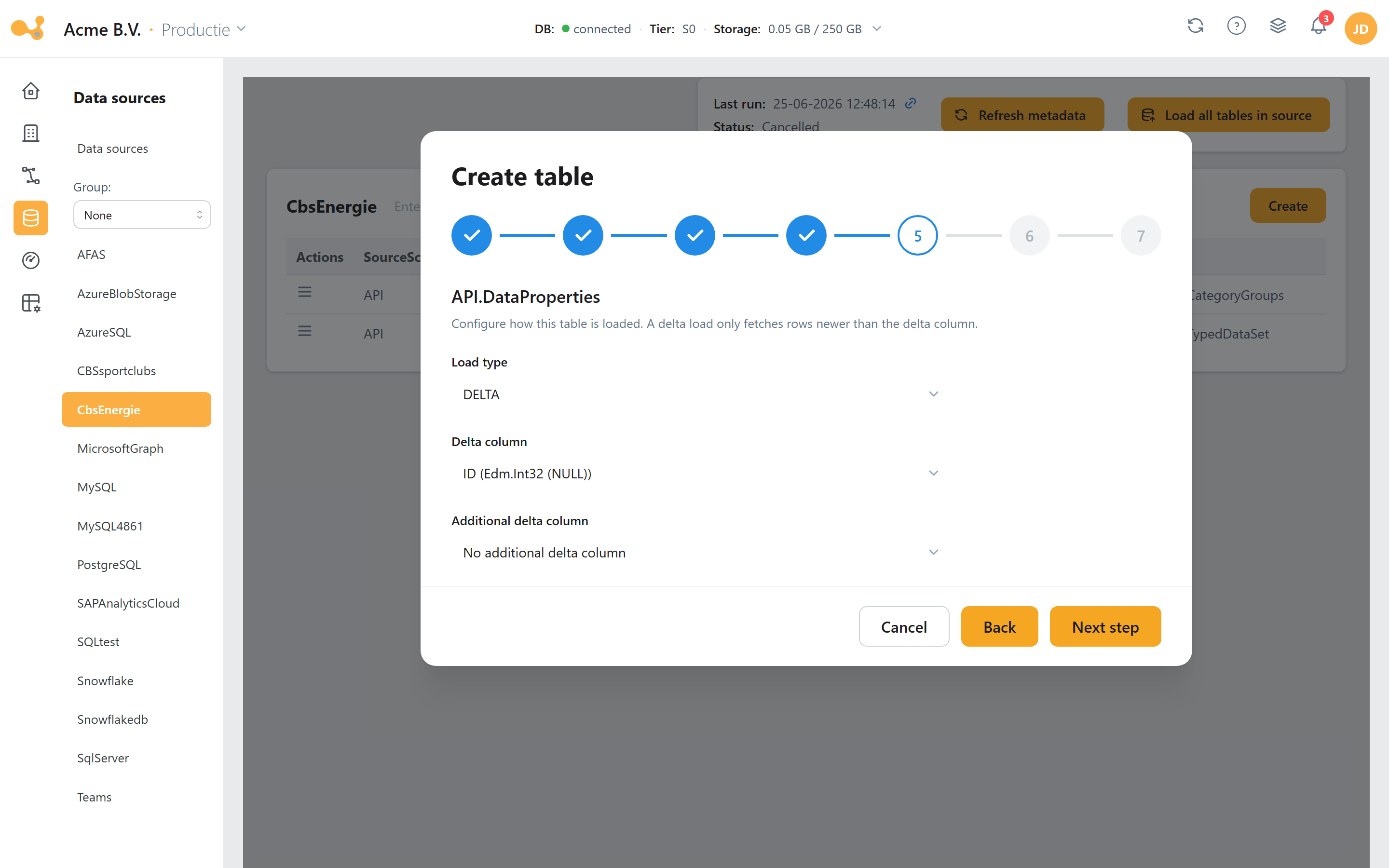 Add table wizard: load type DELTA with a delta column.