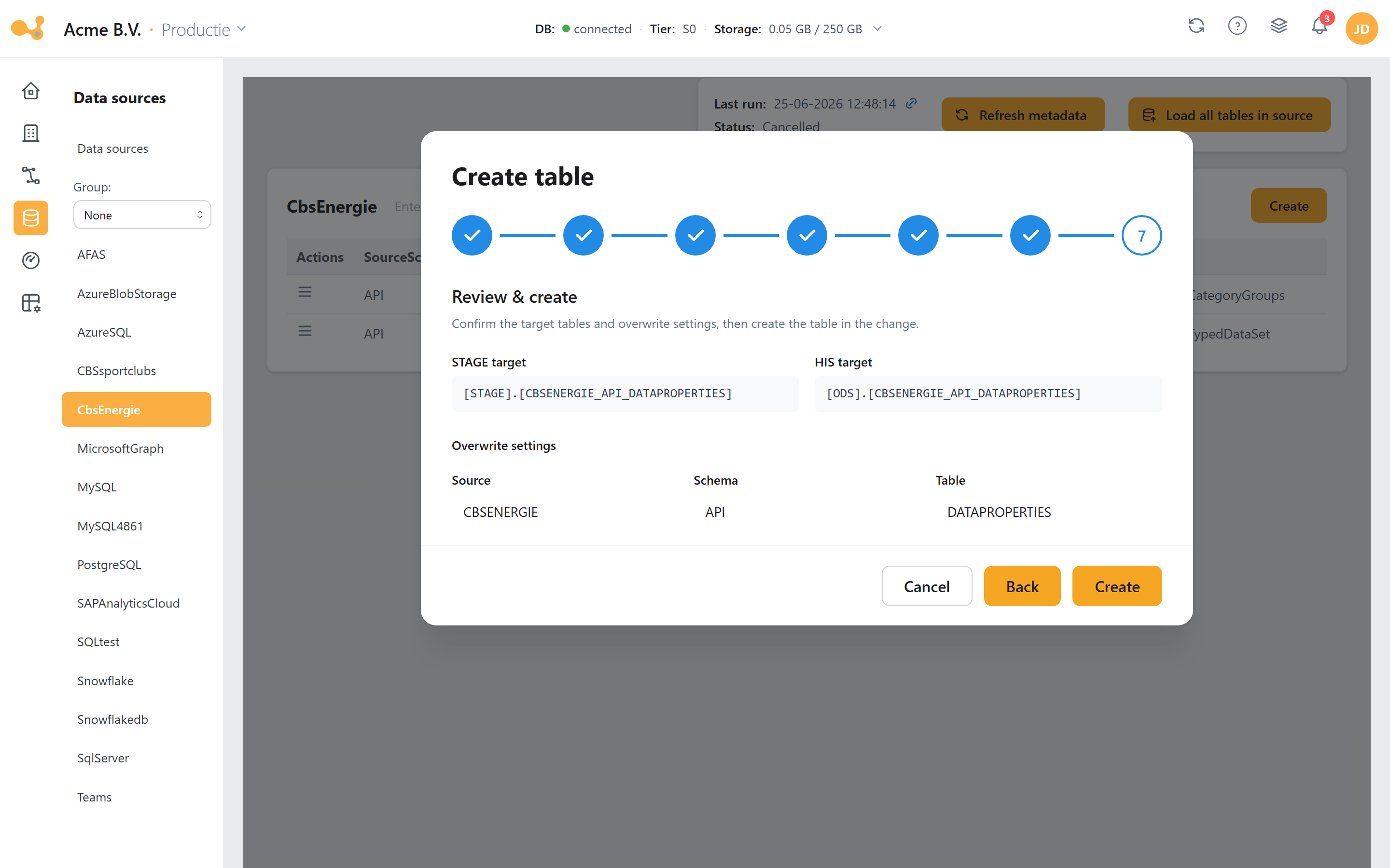 Add table wizard, final step: the physical STAGE and HIS target names with the Create button.