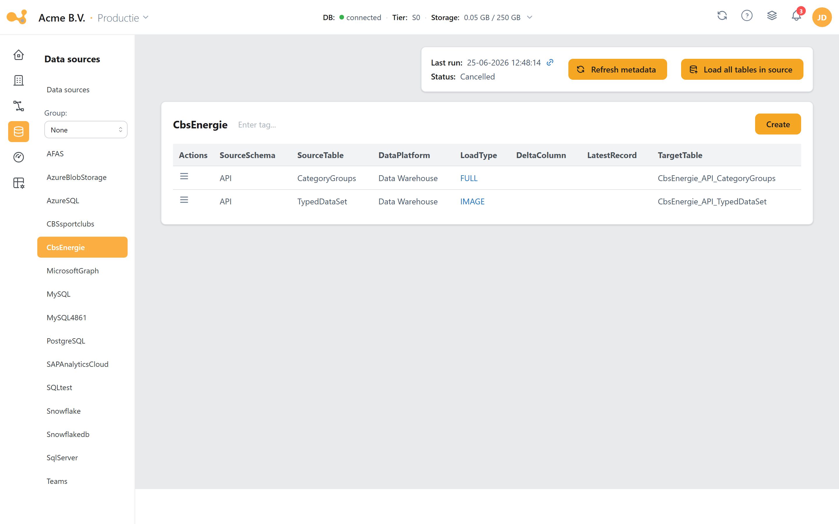 Used overview of a source: a metadata pipeline card with last run and status plus the buttons 'Refresh metadata' and 'Load data (all)', and below it the table with the configured used tables.