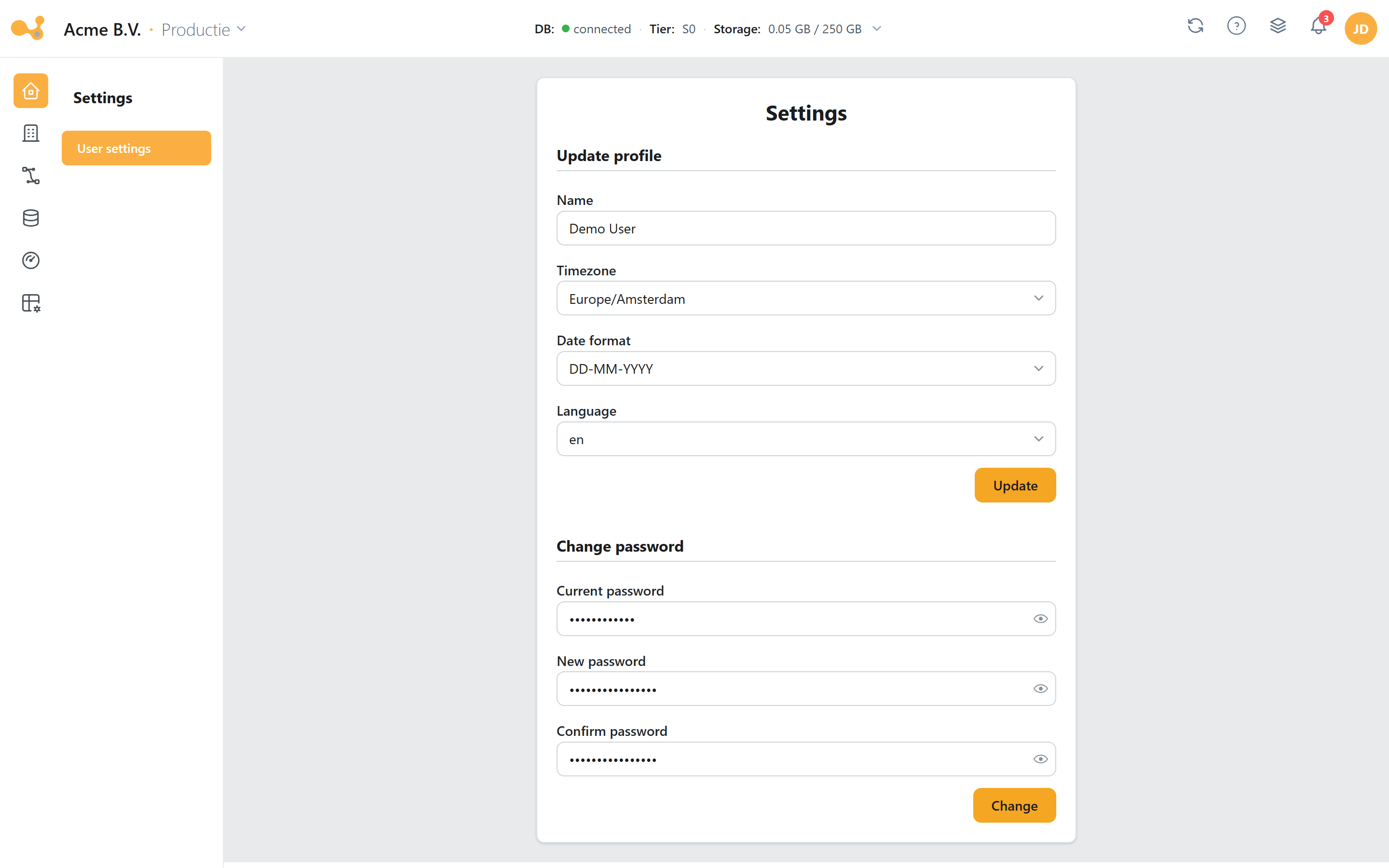 User settings with profile and password form