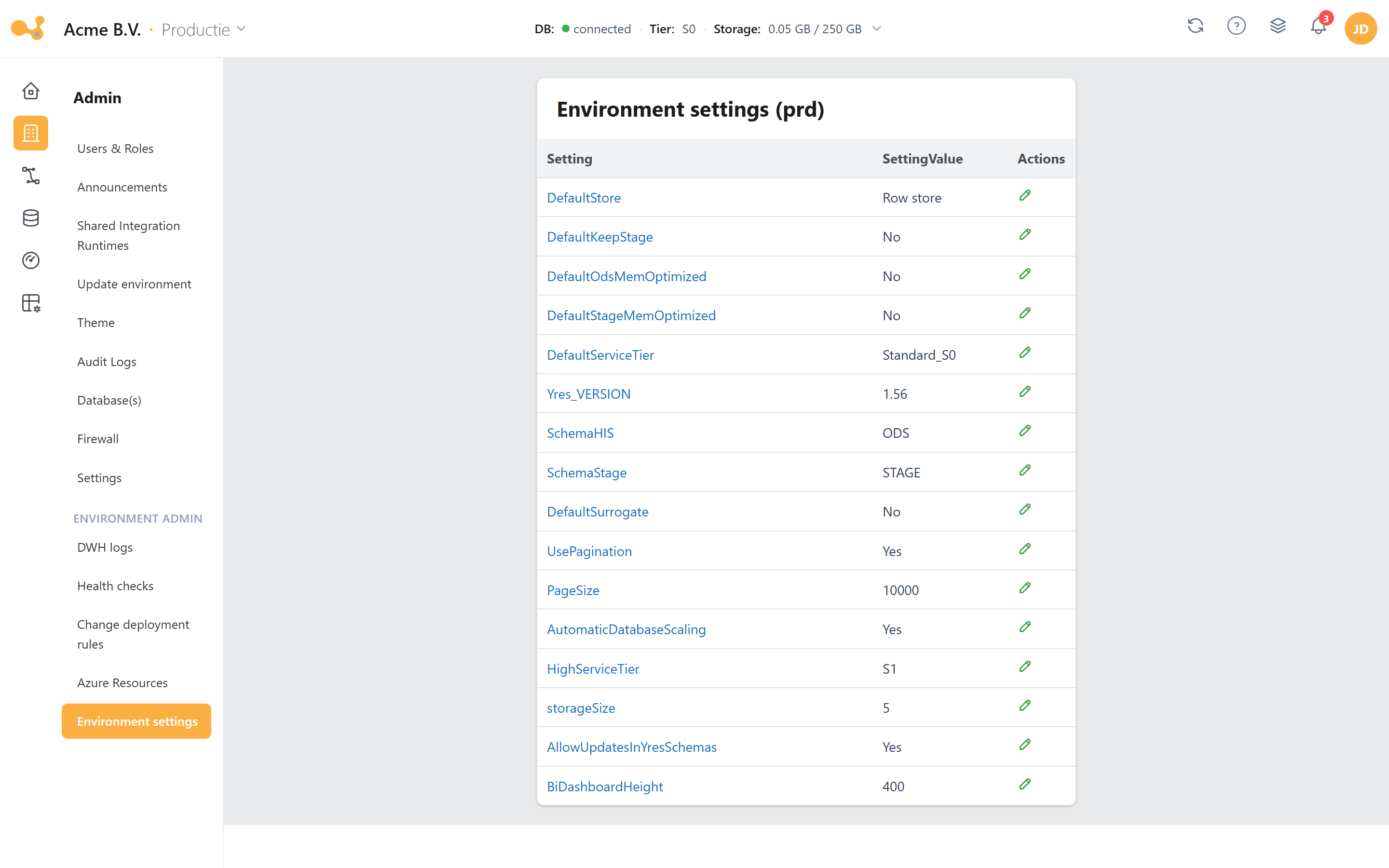 DWH settings: tabel met setting-naam en waarde per omgeving, met een edit-modal met een veld per setting.