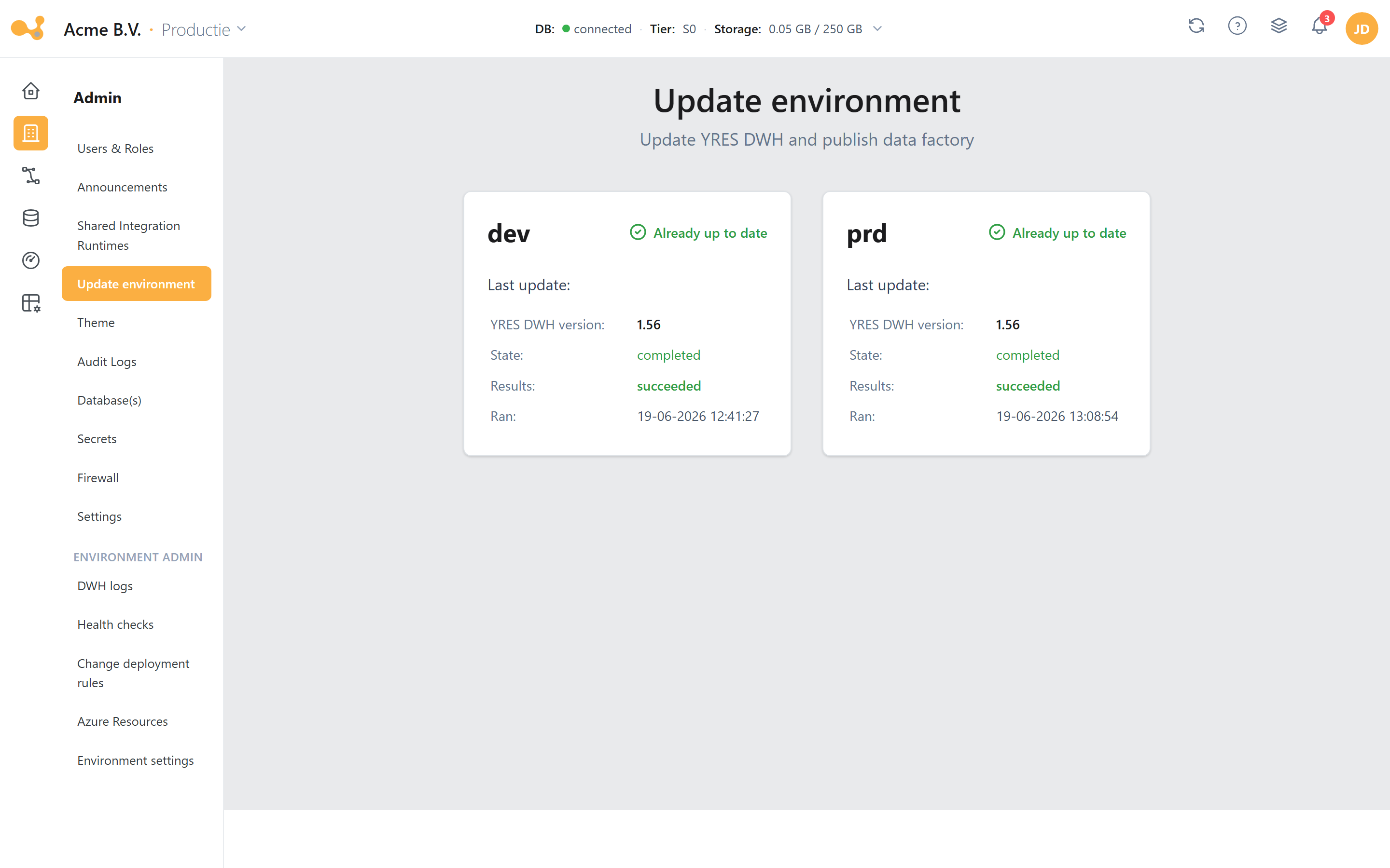 Update environment: kaarten per omgeving (dev/prd) met de huidige YRES DWH-versie en een "Already up to date"-status.