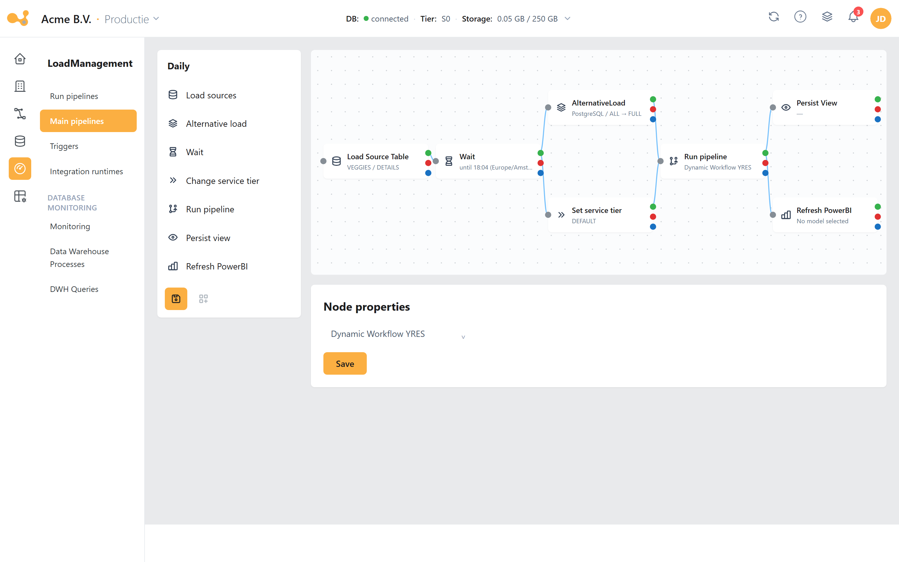 Master pipelines: links het node-palet, in het midden het canvas met verbonden nodes en hun success/failure/completion-uitgangen.