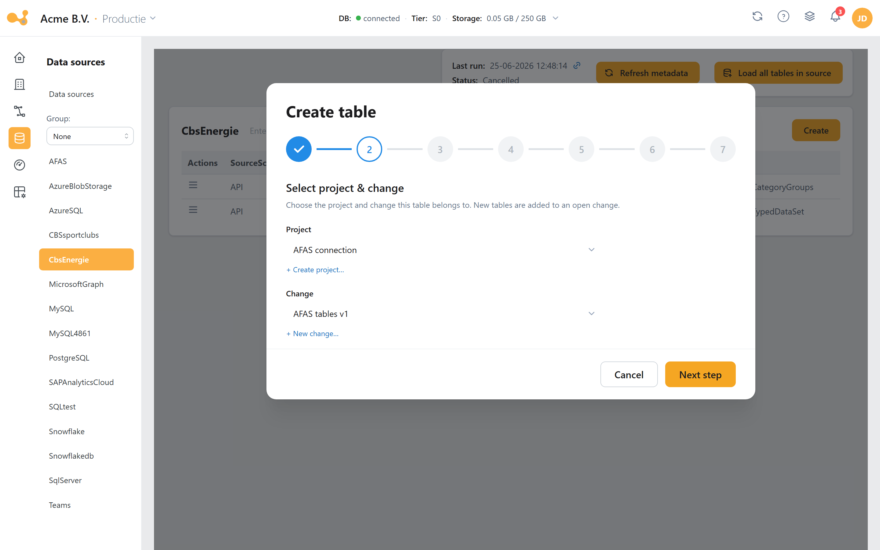 Add table-wizard: kies het Project en de Change waaronder de wijziging wordt geboekt.