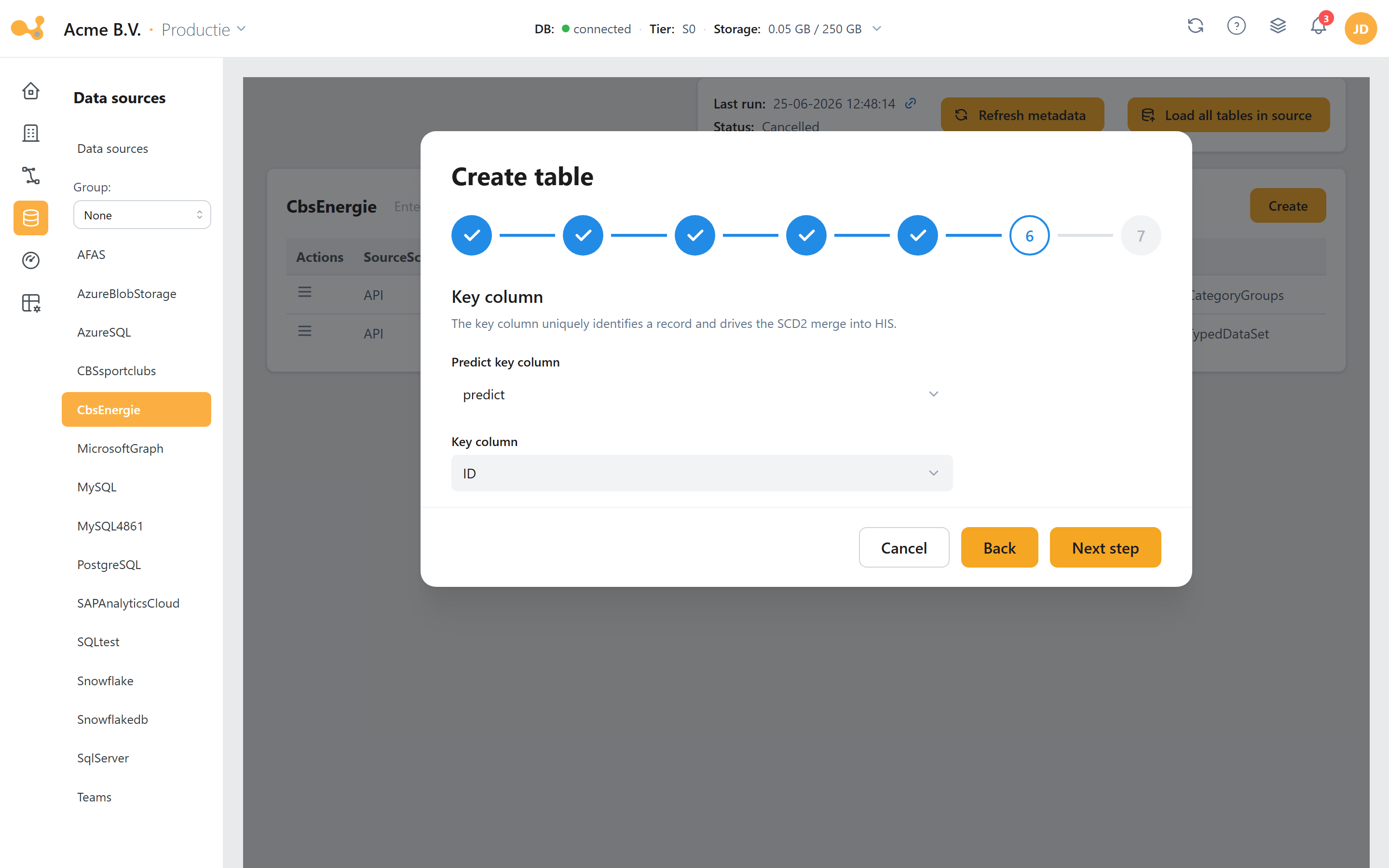 Add table-wizard: de sleutelkolom voorspeld of handmatig gekozen.