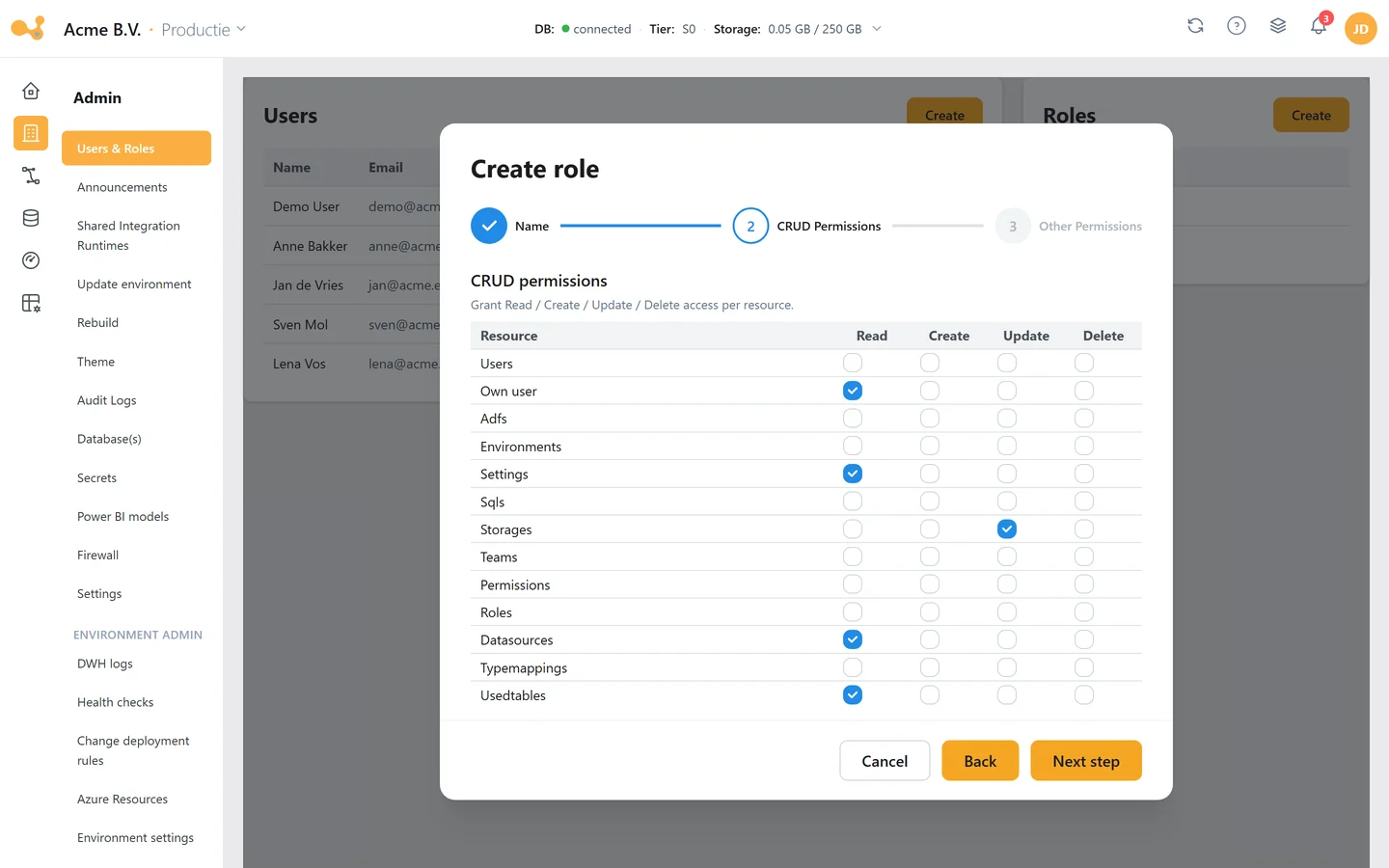 The role wizard in Yres, where you grant permissions per component.