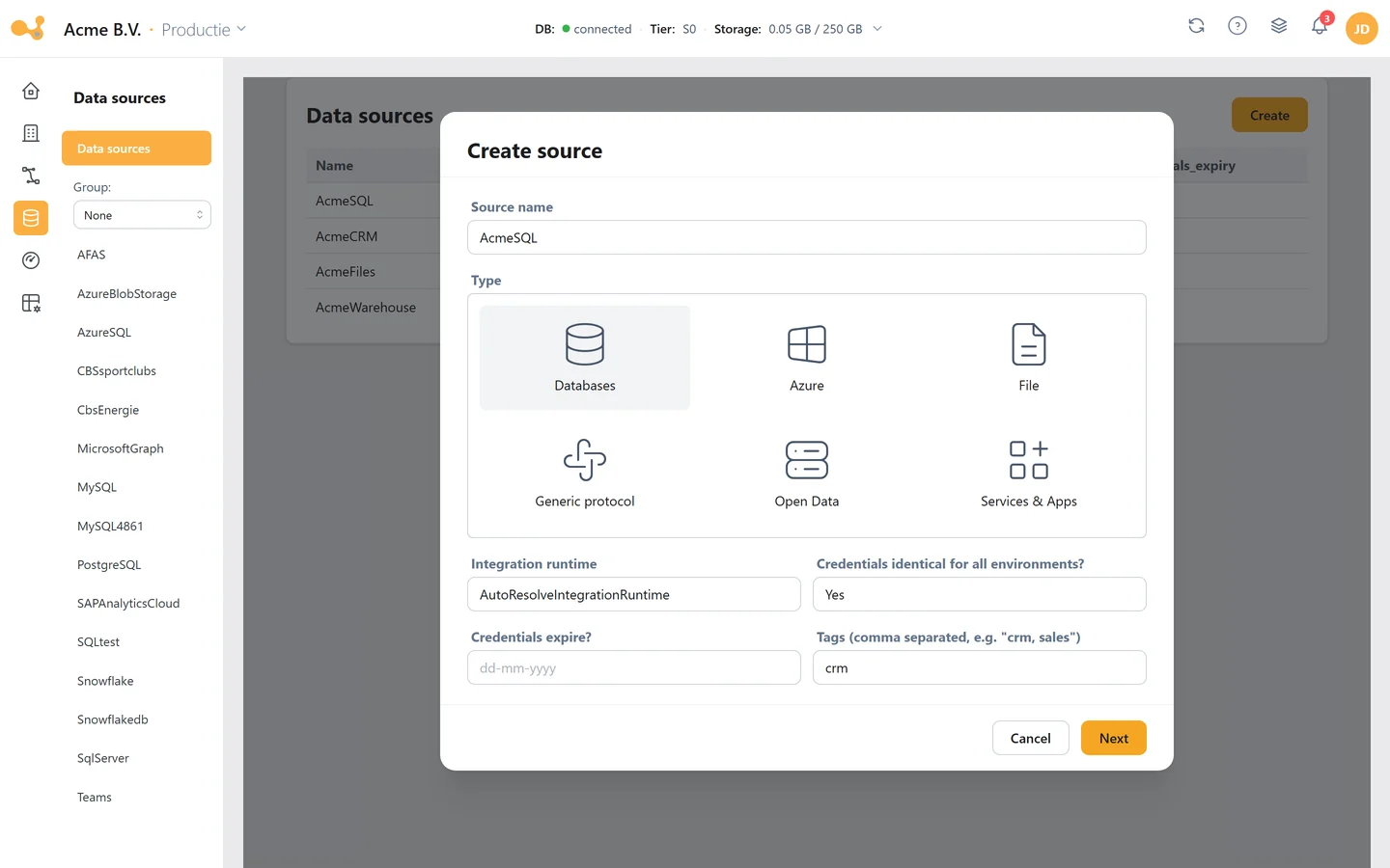 The wizard for adding a new data source in Yres.