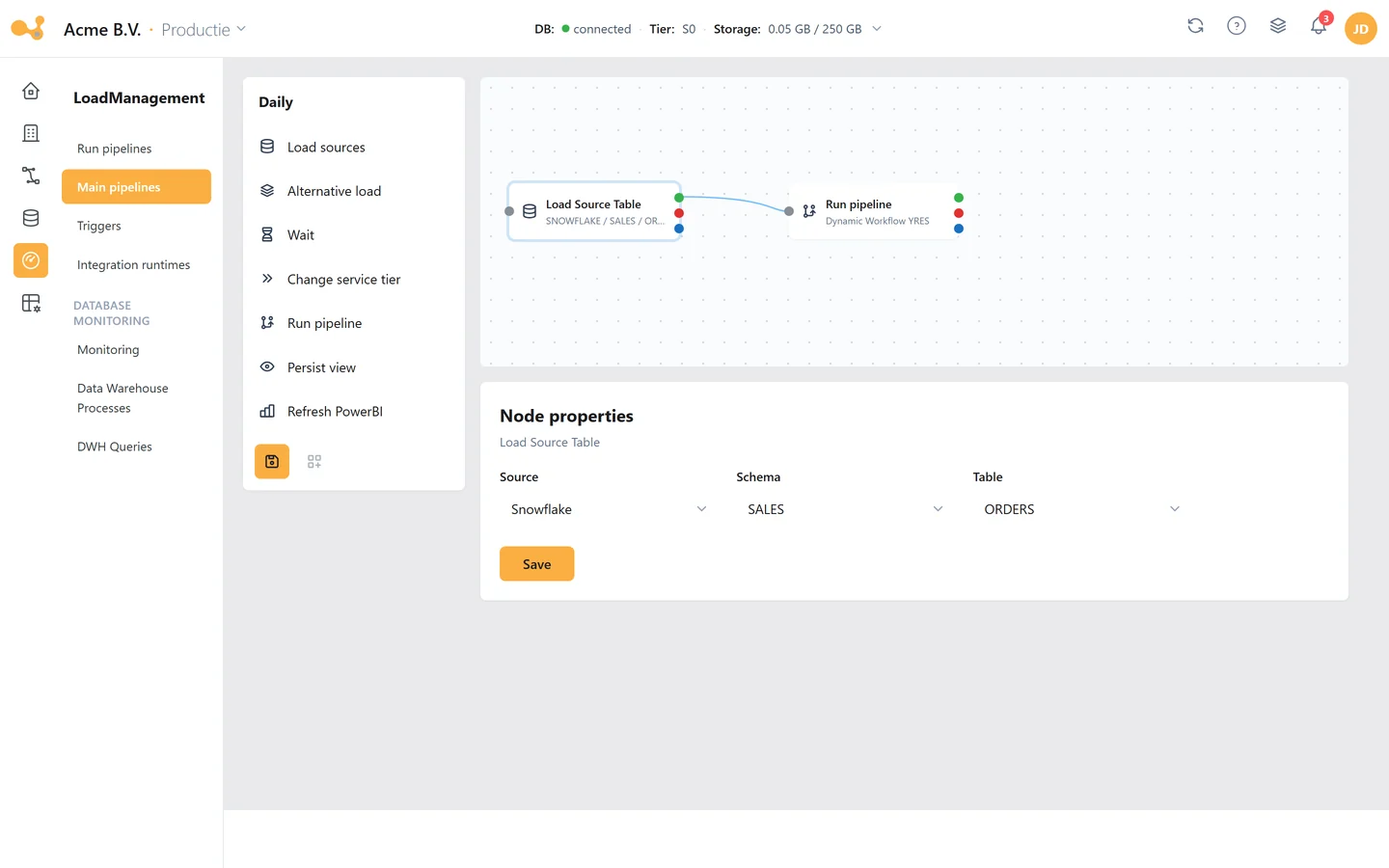 The master pipeline designer in Yres, with one step selected and its settings.