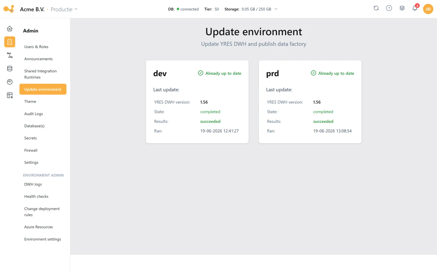 The Update environment screen in Yres, for moving an environment to a new version.