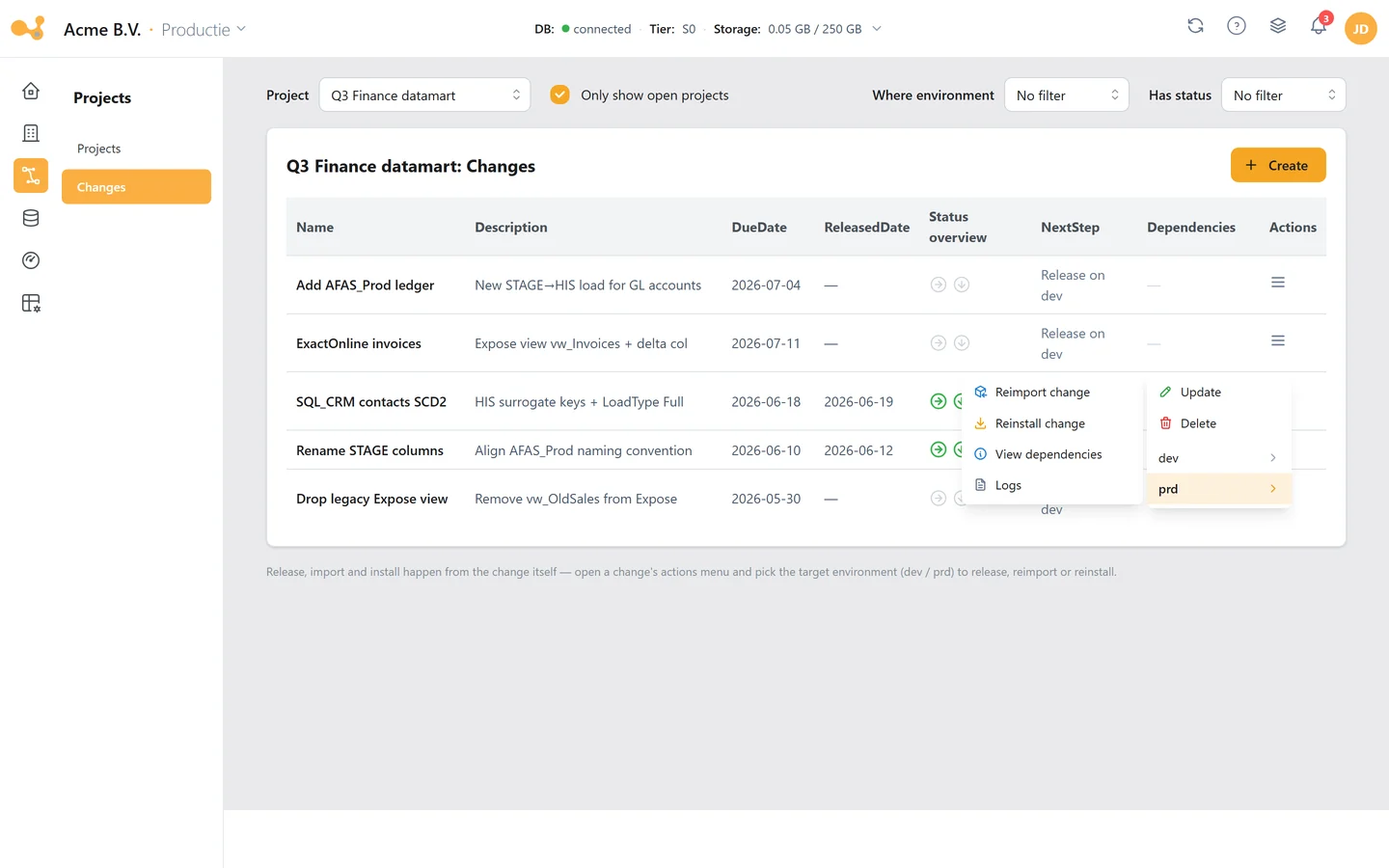 The Changes screen in Yres, where you release a change and install it per environment.